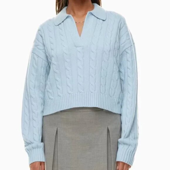 Aritzia Sunday Best Wool Lottie V-Neck Cable Knit Polo Sweater Light Blue XS - Picture 4 of 8